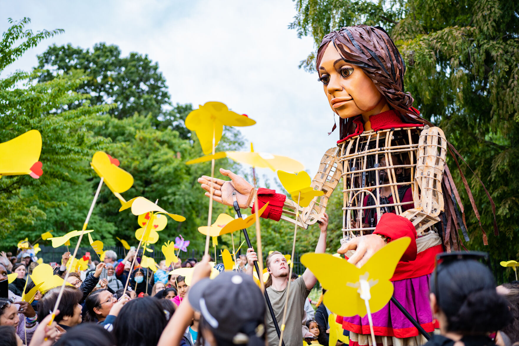 'Little Amal,' the internationally celebrated 12‑foot‑tall puppet of a 10‑year‑old girl, will make her first appearance in Chicago beginning at the Chicago Shakespeare Theater. | Photo by the Respective Collective courtesy of Chicago Shakespeare Theater